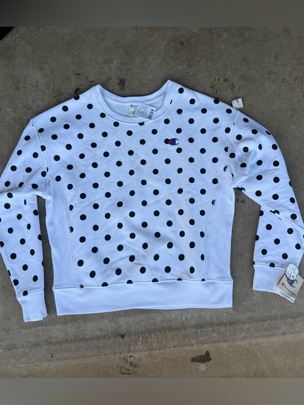 Champion White Sweatshirt with Navy Polka Dots